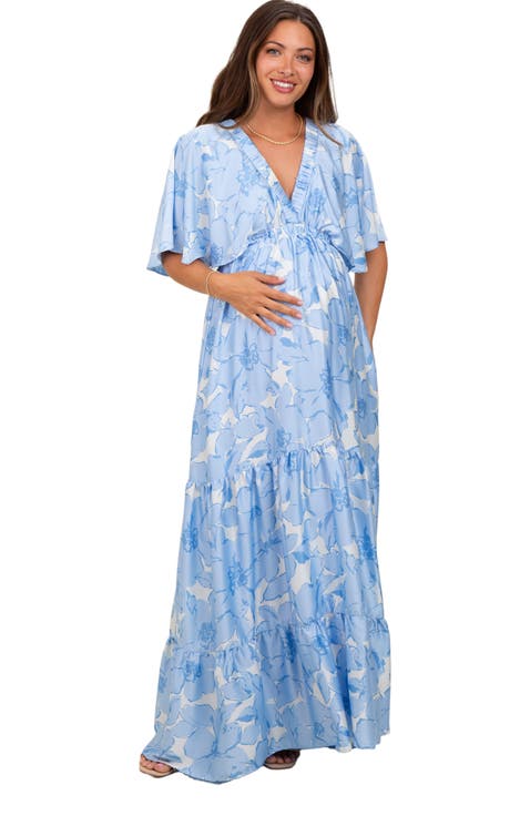 Floral Short Sleep Deep V-Neck Tiered Maxi Dress