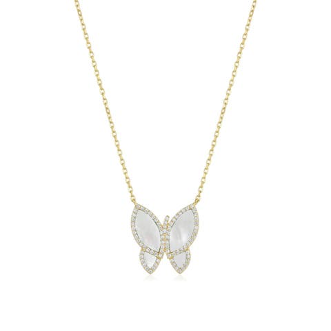 Large Mother of Pearl CZ Halo Butterfly Necklace