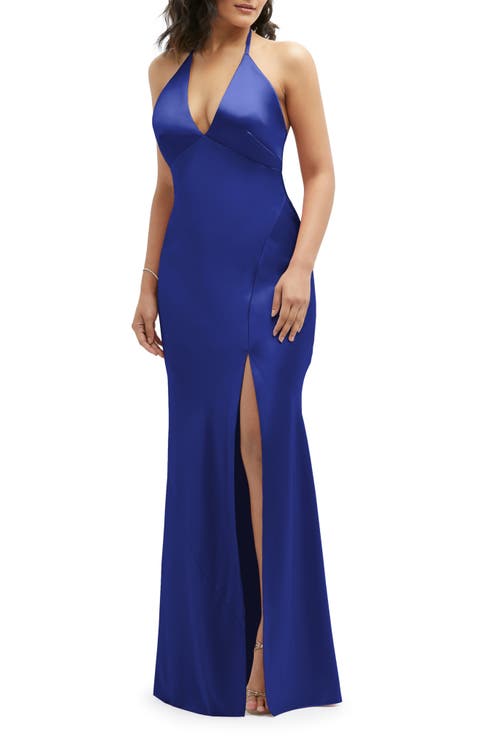 Plunge Neck Charmeuse Halter Gown