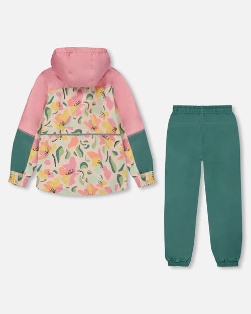 Deux Par Deux Little Girl's Two-piece Mid-season Outerwear Set Sage, Pink, And Flowers On Beige In Sage Pink And Flowers On Beige