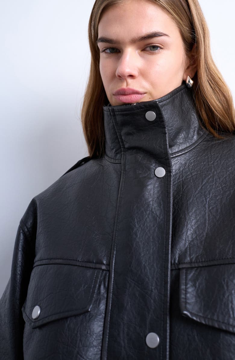 Topshop Oversize Faux Leather Jacket, Alternate, color, Black