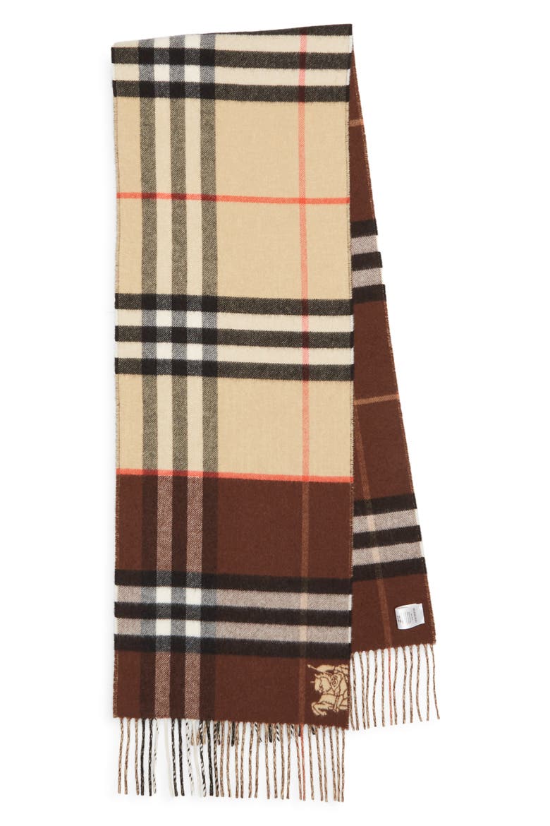 EKD Check Reversible Double Face Cashmere Fringe Scarf, Main, color, SAND/ TREACLE BROWN
