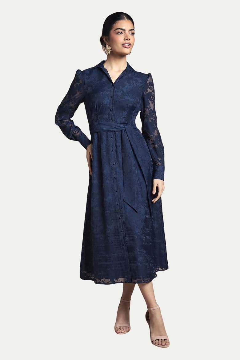 Floral Organza Belted Midi Dress, Main, color, Navy