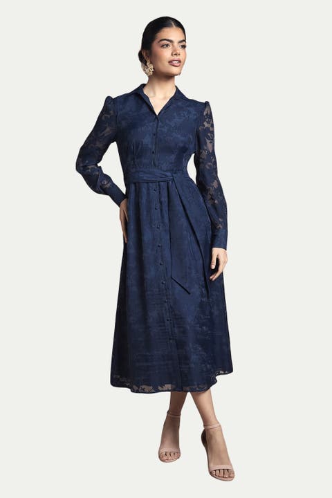 Floral Organza Belted Midi Dress
