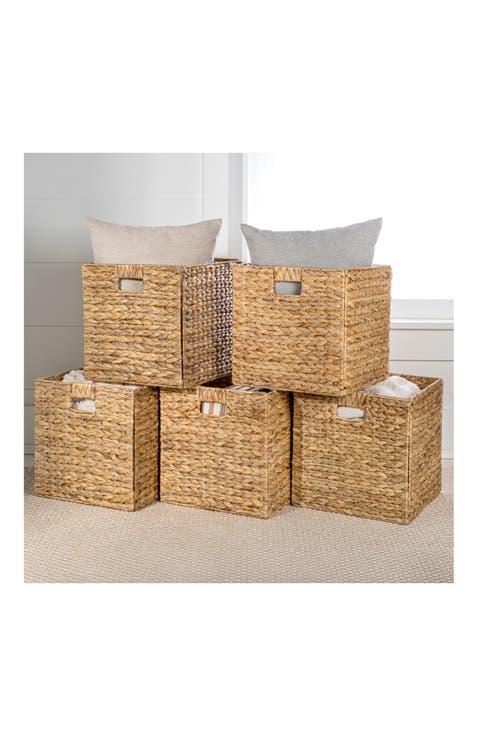 Bryce Classic Farmhouse Handwoven Hyacinth Collapsible Storage Cube Baskets with Handles,