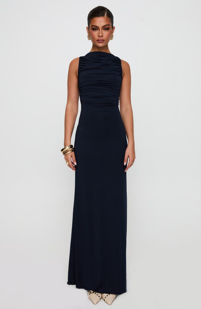 Princess Polly Undeniable Ruched Back Cutout Sheath Gown, Alternate, color, Navy