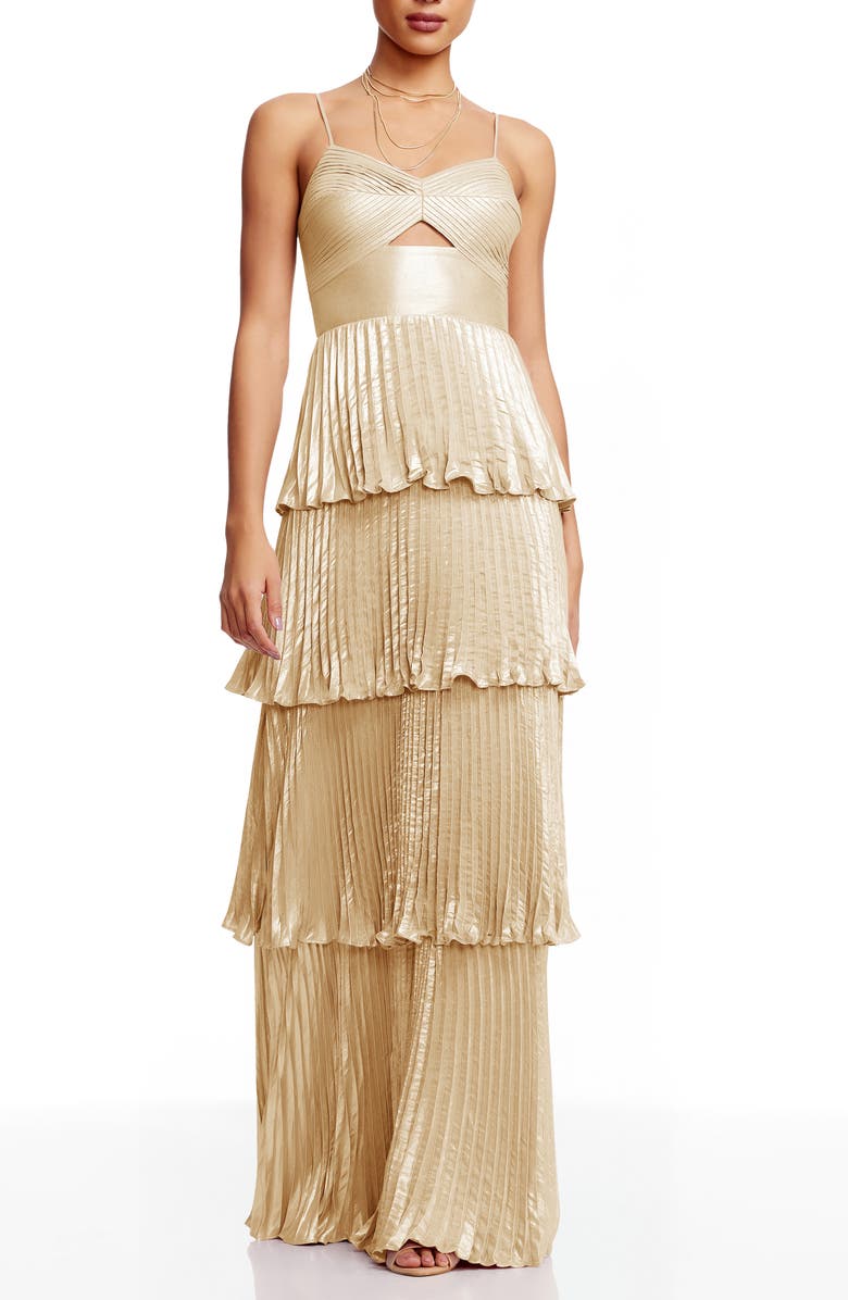 Dress the Population Zahrah Tiered Pleated Satin Evening Gown, Main, color, Gold
