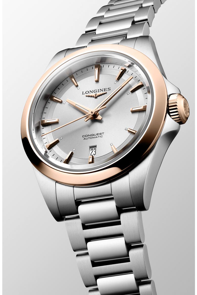 Conquest 18K Rose Gold Bezel Automatic Bracelet Watch, 30mm, Alternate, color, SILVER