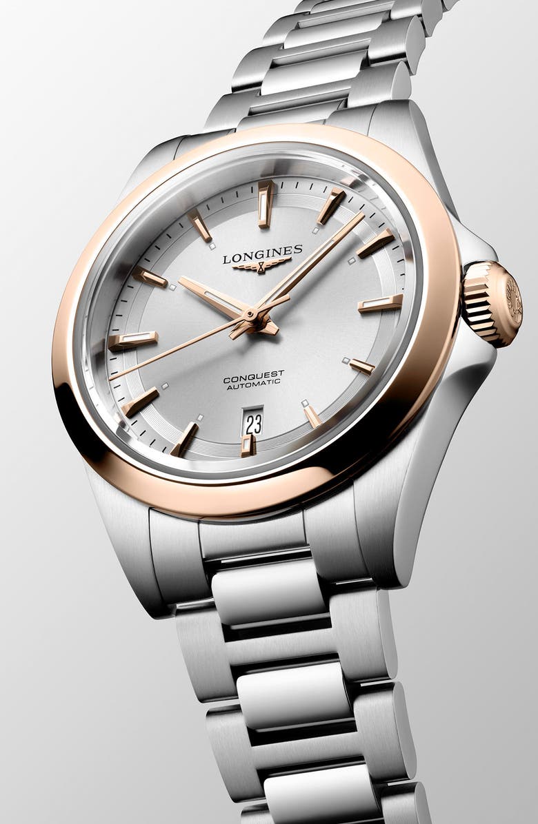 Longines Conquest 18K Rose Gold Bezel Automatic Bracelet Watch, 30mm, Alternate, color, Silver
