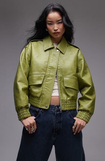 Topshop Textured Faux Leather Crop Bomber Jacket Nordstromrack