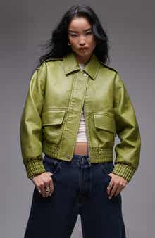 Topshop Textured Faux Leather Crop Bomber Jacket