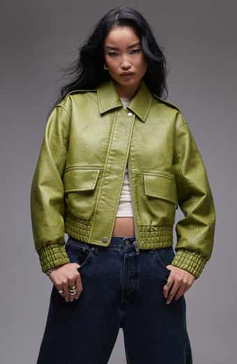 Topshop Textured Faux Leather Crop Bomber Jacket