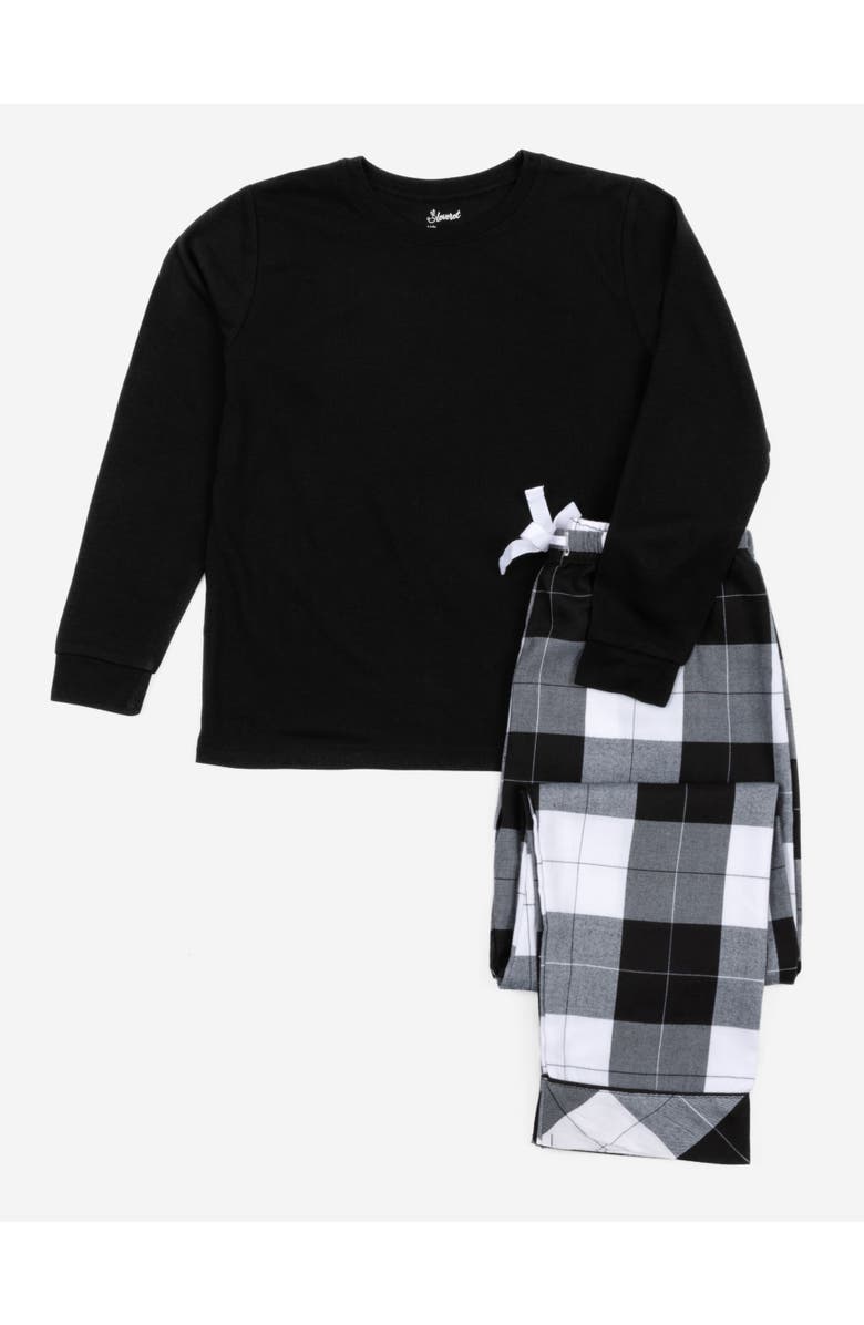 Leveret Kids Flannel Printed Holiday Pajama Set, Main, color, Plaid Black & White