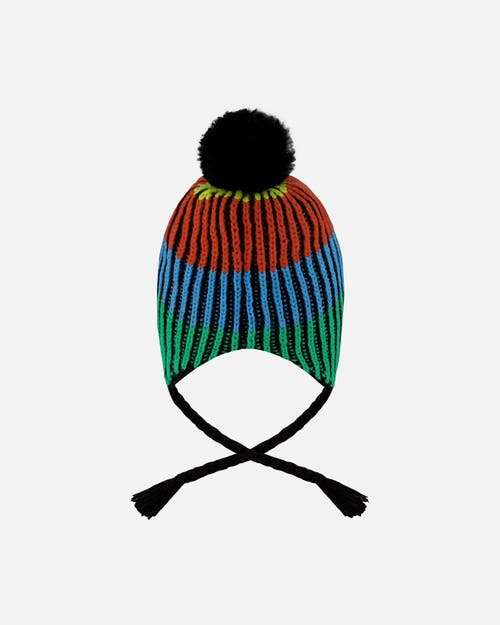 Deux Par Deux Lined Peruvian Knit Winter Hat With Pompom Multicolor In Blue