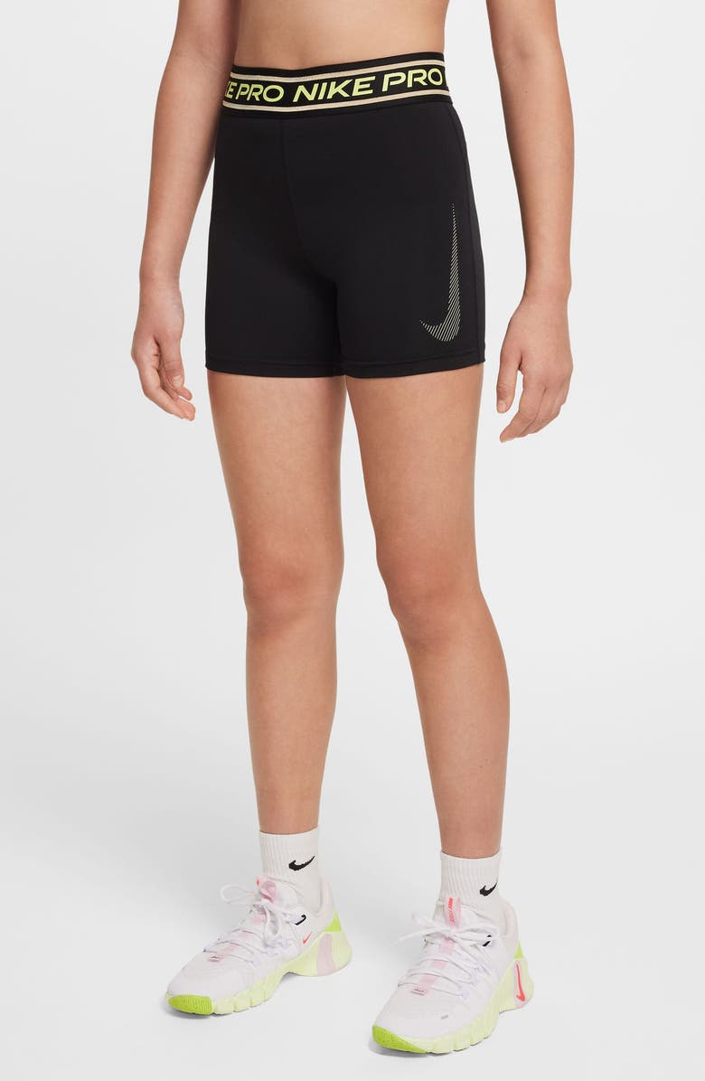 Nike Kids' Pro Dri-FIT Shorts, Main, color, Black/ Light Lemon Twist