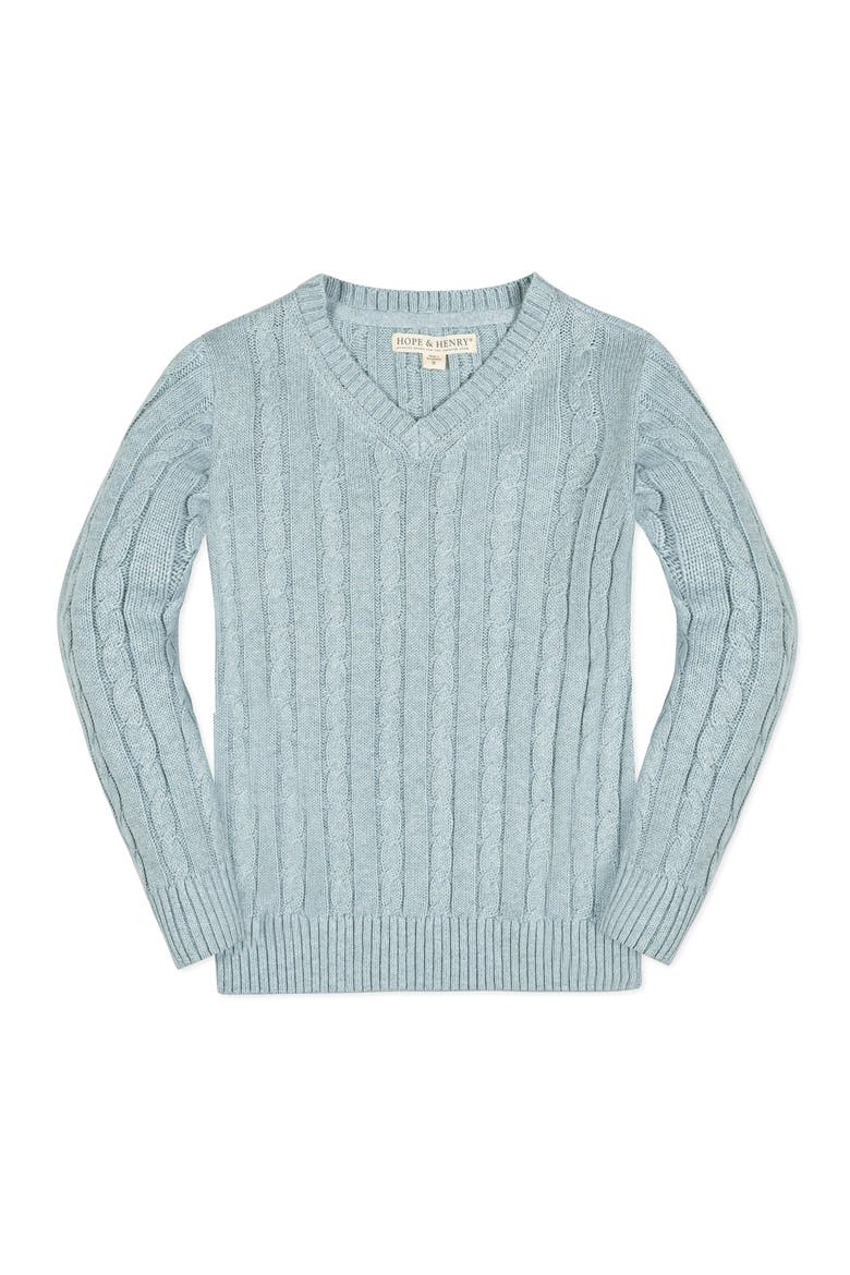 Organic Long Sleeve Fine Gauge Cable V-Neck Sweater, Main, color, Dusty Blue Heather Cable
