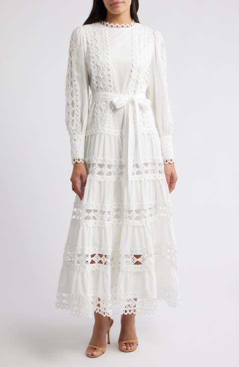 Lace Trim Long Sleeve Cotton Maxi Dress