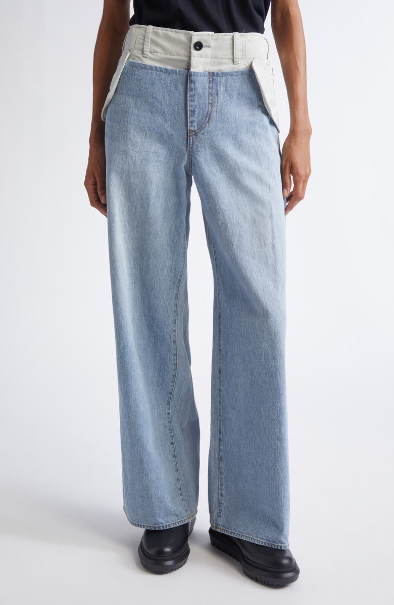 Sacai Baggy Mixed Media Jeans, Main, color, Light Blue/ Light Gray