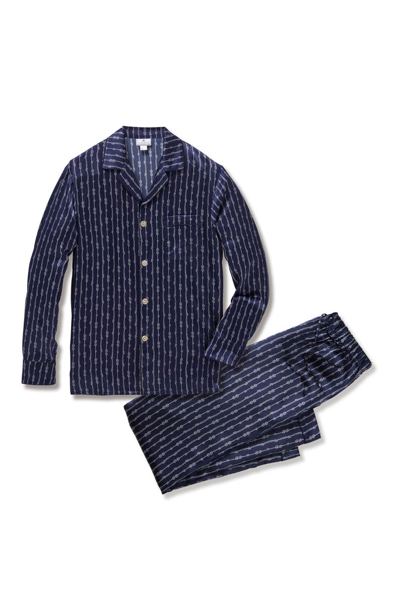 Nautical Stripe Mulberry Silk Pajamas, Alternate, color, NAVY
