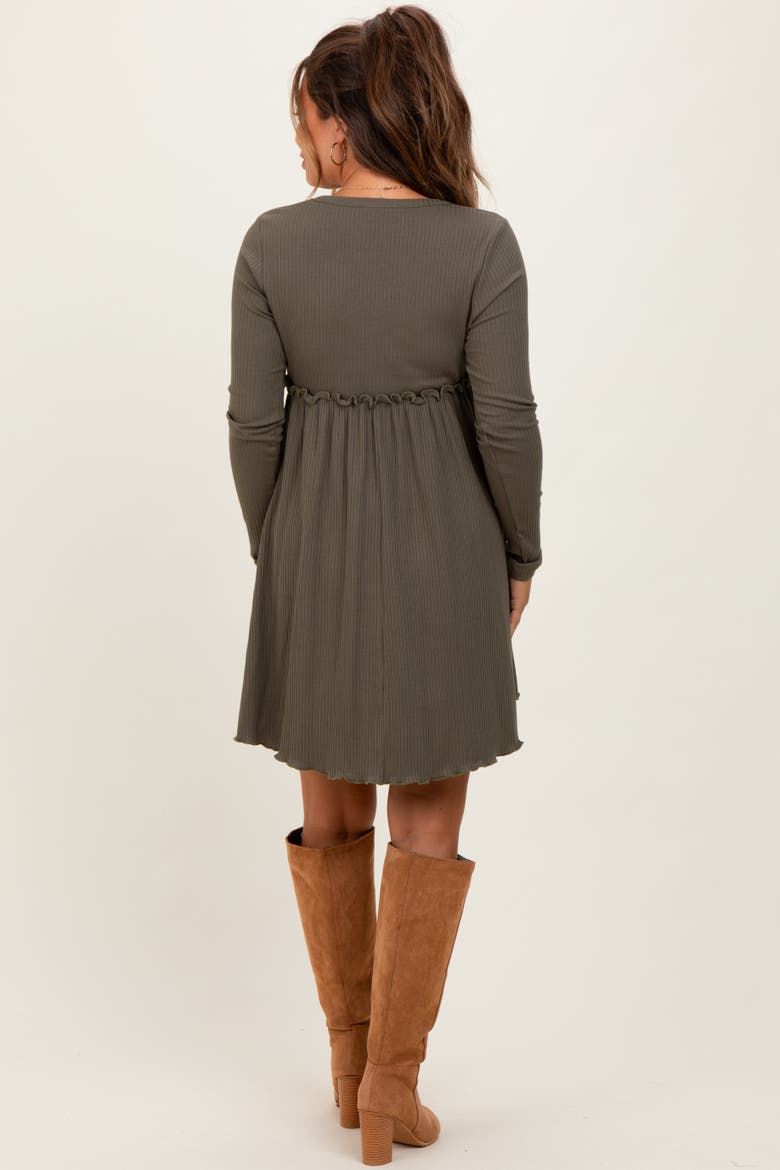 Solid Ribbed Long Sleeve Crewneck Shirring Mini Dress, Alternate, color, Olive Green