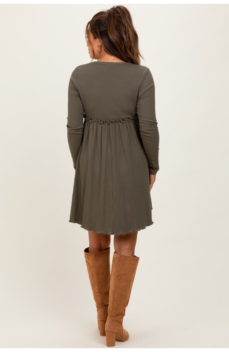 PinkBlush Solid Ribbed Long Sleeve Crewneck Shirring Mini Dress, Alternate, color, Olive Green