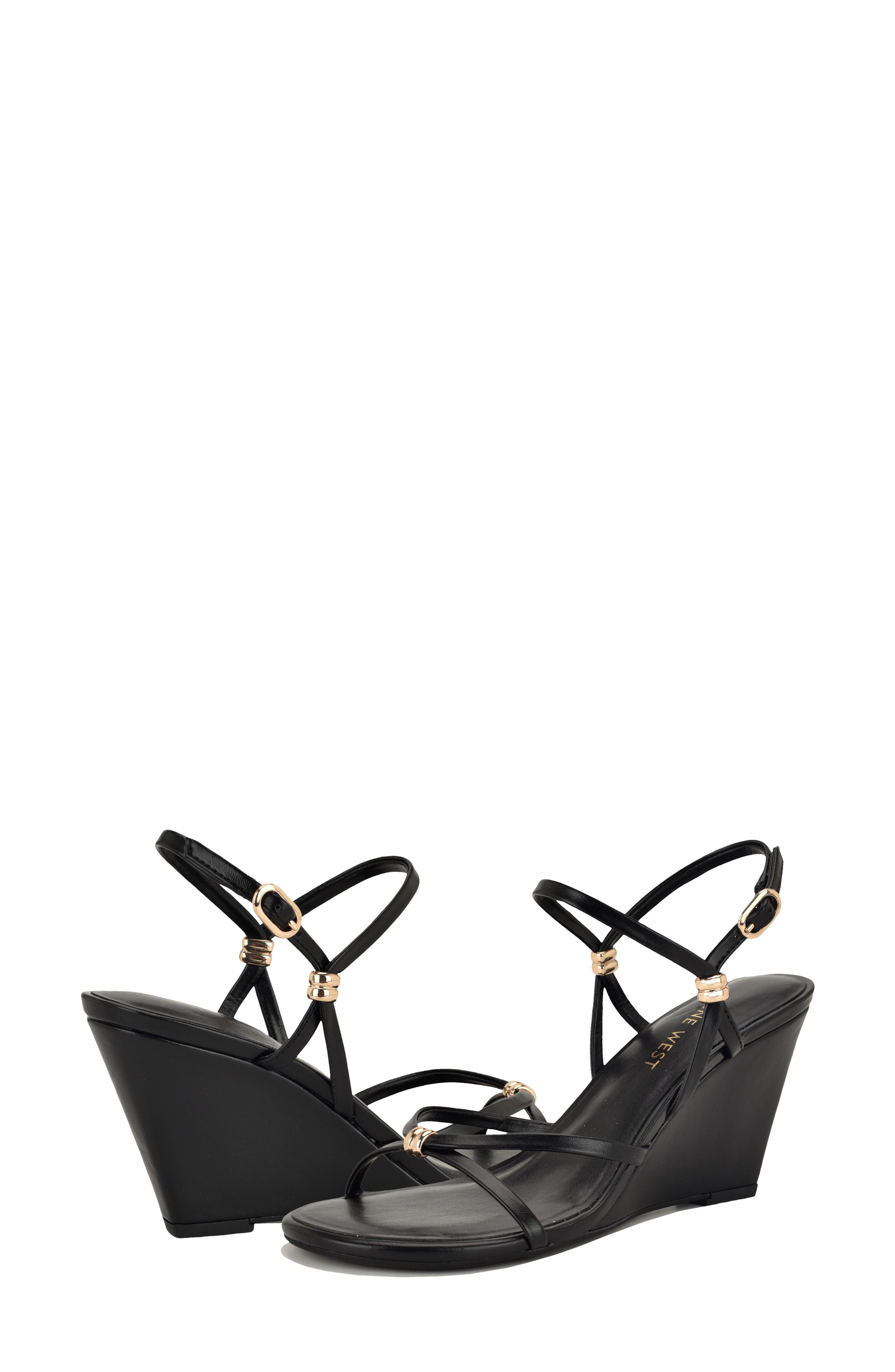 Nine West <p>Deklyn Faux Leather Wedge Sandal (Women)</p>, Alternate, color, Black