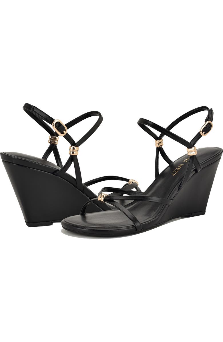 Nine West <p>Deklyn Faux Leather Wedge Sandal (Women)</p>, Alternate, color, Black