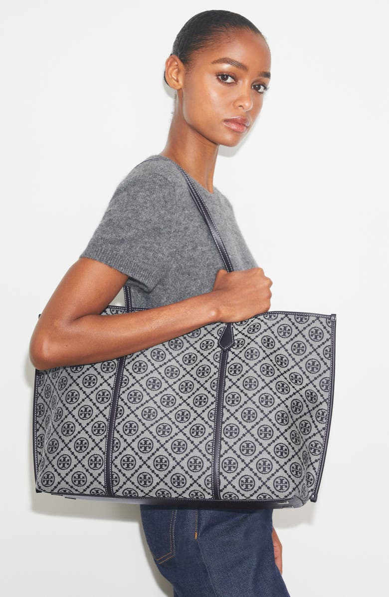 Tory Burch Perry T Monogram Jacquard Triple Compartment Tote, Alternate, color, Tory Navy