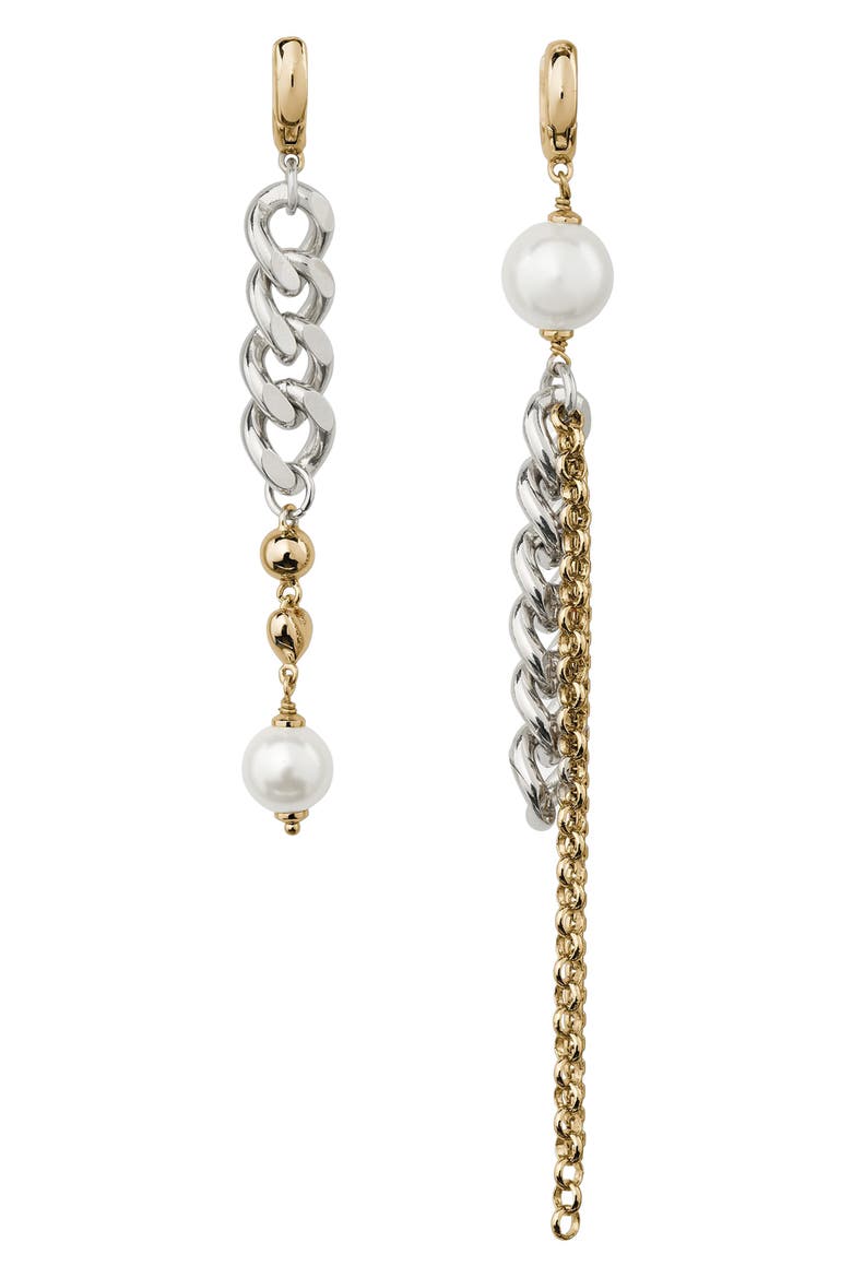 chain reaction faux pearl mismatched linear drop earrings, Main, color, CREAM/ MIXED METAL