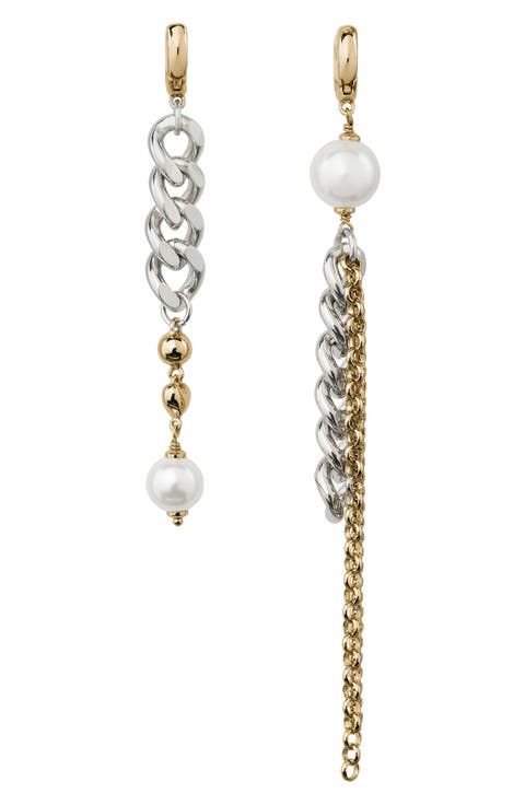 chain reaction faux pearl mismatched linear drop earrings