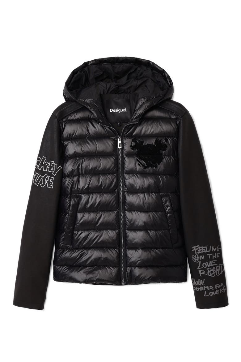 Mickey Mouse Mixed Media Puffer Coat, Alternate, color, BLACK