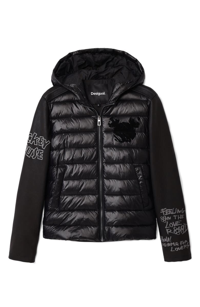 Desigual Mickey Mouse Mixed Media Puffer Coat, Alternate, color,