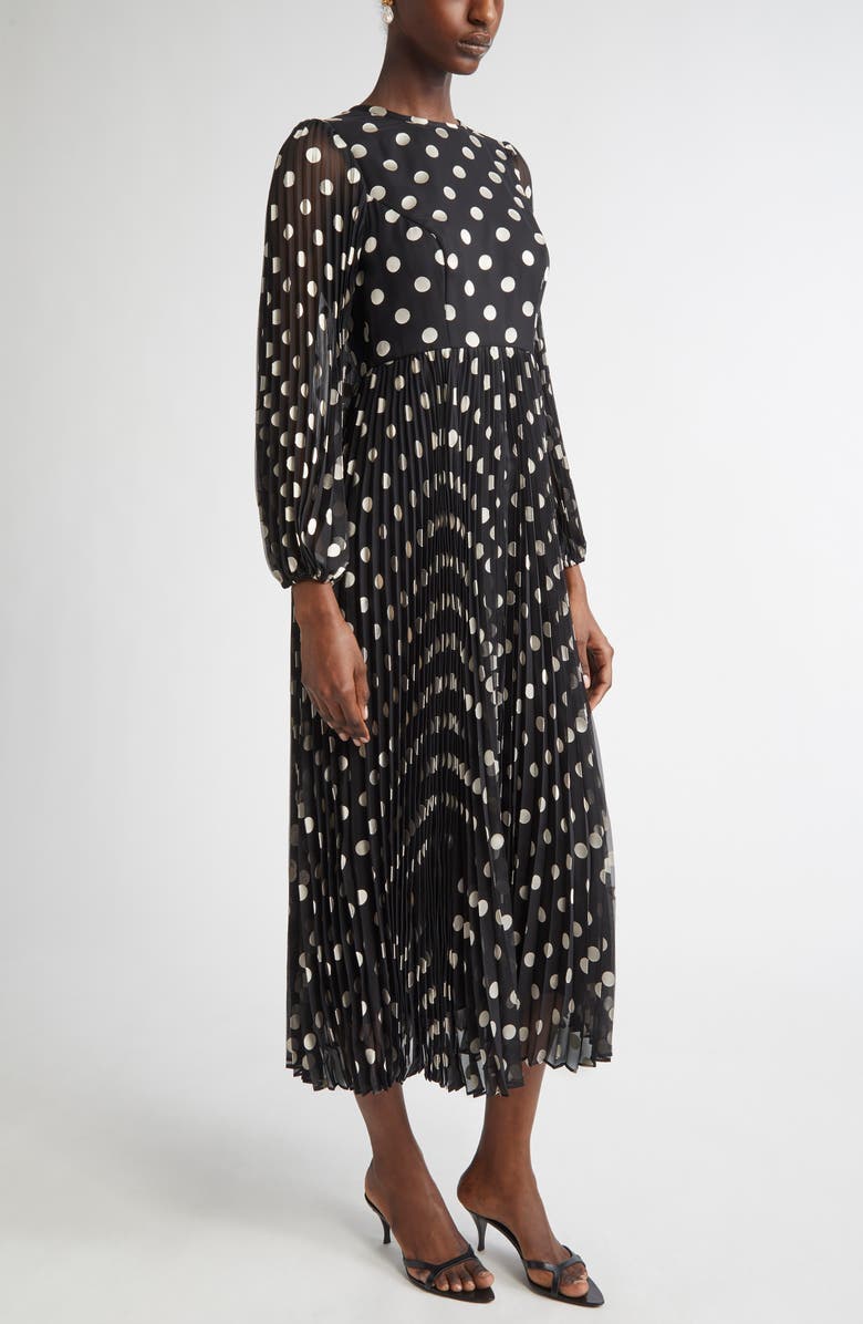 Zimmermann Polka Dot Pleated Midi Dress with Removable Pussy Bow, Alternate, color, 