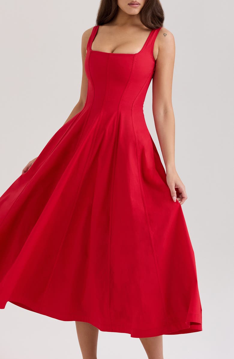 HOUSE OF CB Mariabella Lace-Up Stretch Cotton Midi Dress, Alternate, color, Racing Red