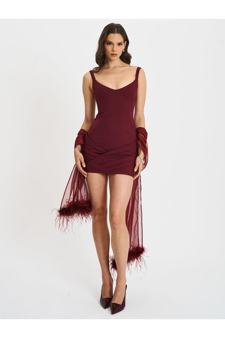 Tori Pleated Mini Dress with Chiffon Scarf, Alternate, color, Wine