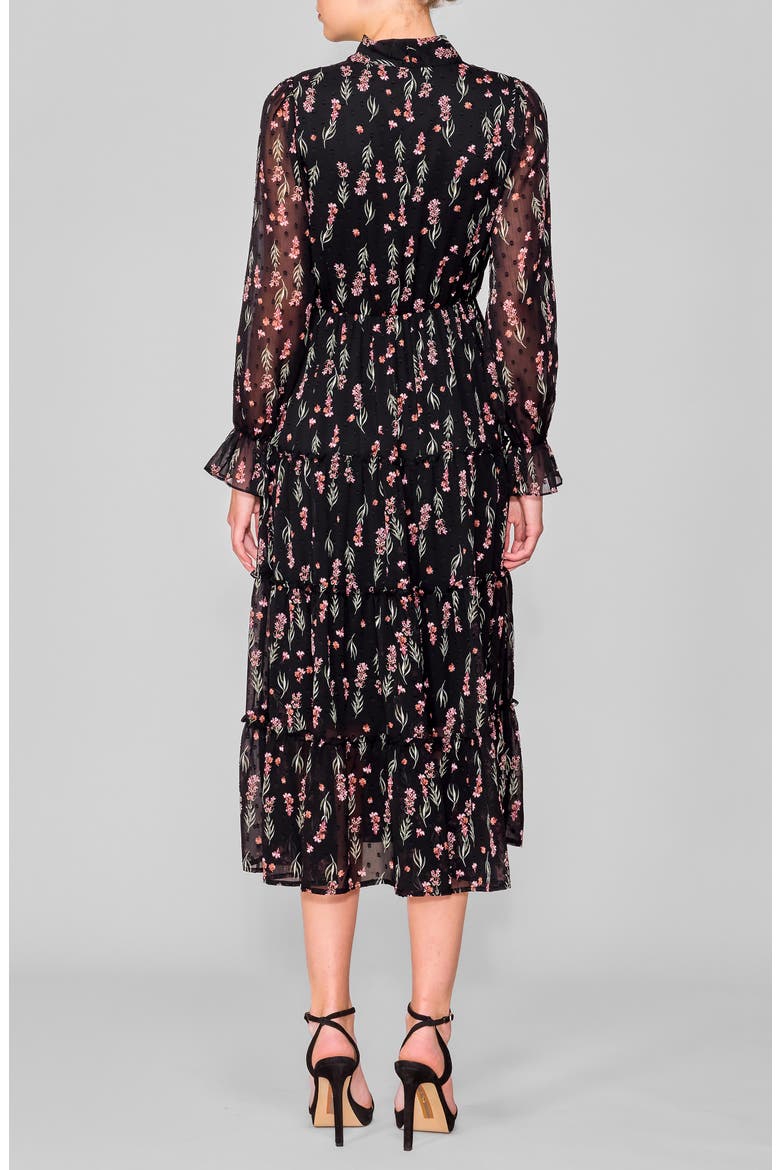 Tie Front Long Sleeve Tiered Midi Dress, Alternate, color, BLACK FLORAL