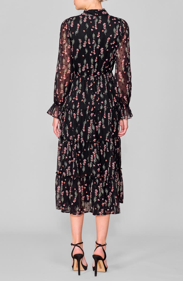 MELLODAY Tie Front Long Sleeve Tiered Midi Dress, Alternate, color, Black Floral