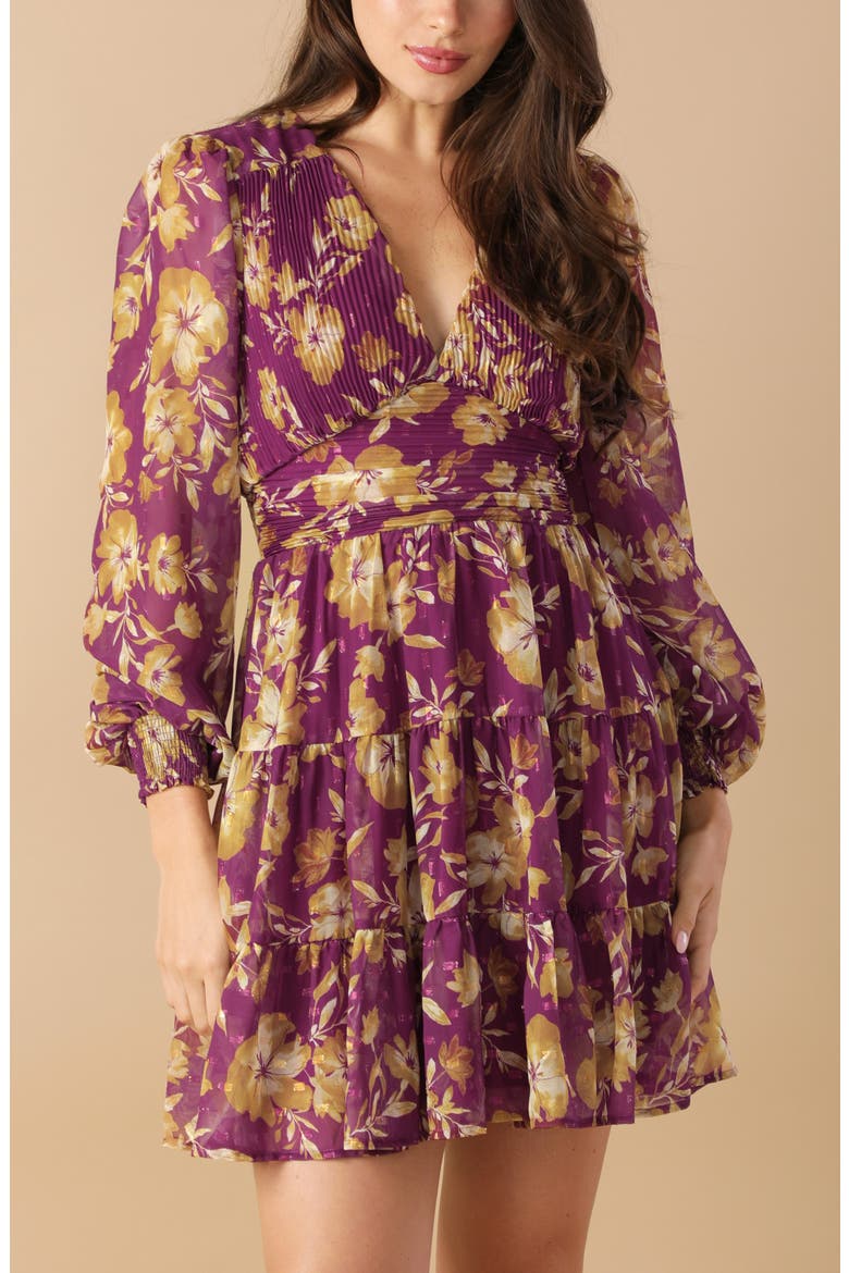 Floral Print Tiered Long Sleeve Minidress, Alternate, color, BERRY