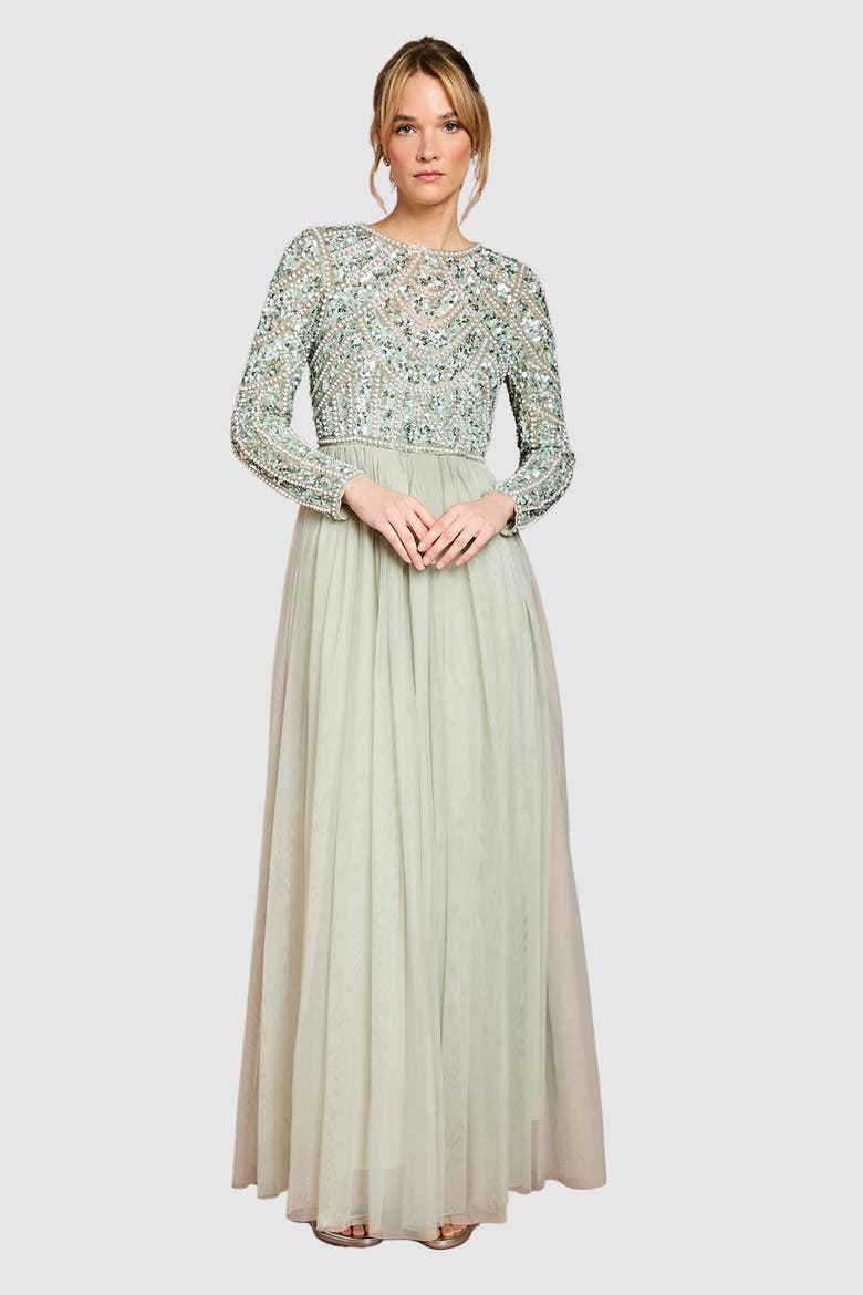 Sequin Bodice Tulle Skirt Maxi Dress, Main, color, Sage