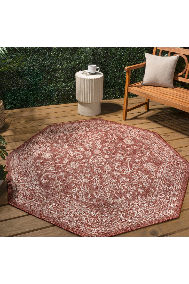 Tela Bohemian Textured Weave Floral Octagon Indoor/Outdoor Area Rug, Alternate, color, Red/Taupe
