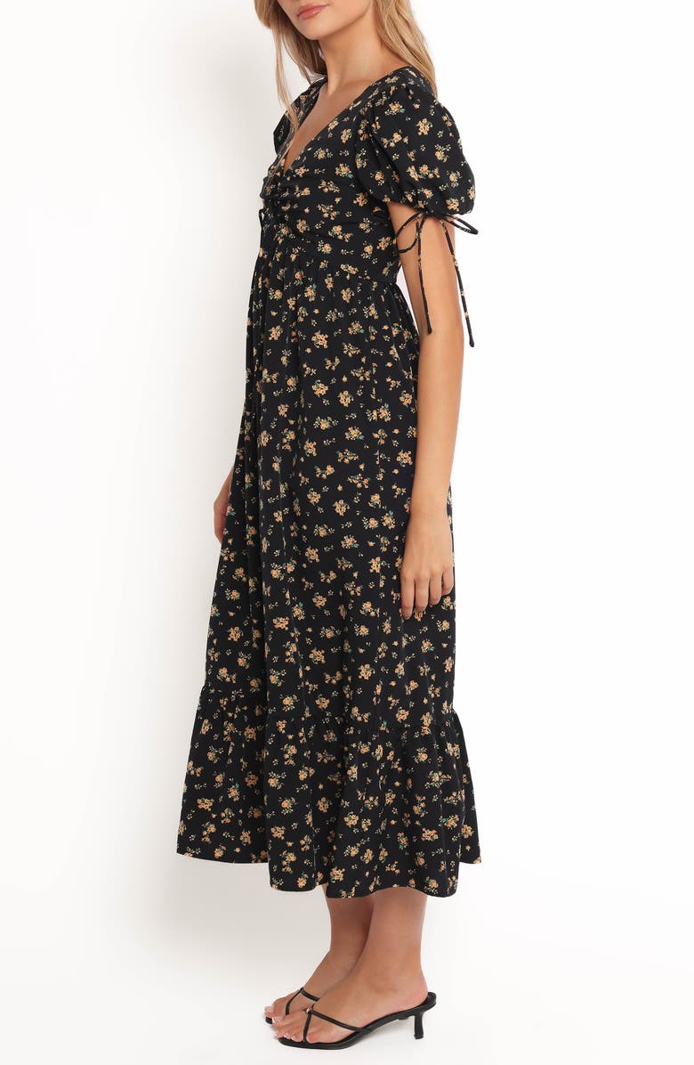 Petal & Pup Zina Floral Puff Sleeve Midi Dress, Alternate, color, Black Floral