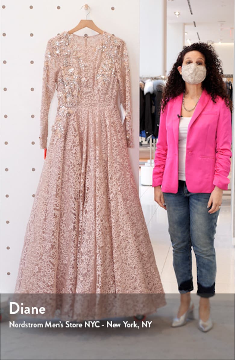 Floral Embroidered & Beaded Long Sleeve Mesh Gown, sales video thumbnail