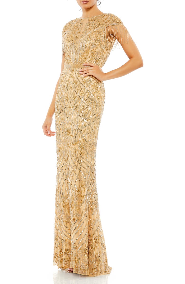 Mac Duggal Embellished Fringe Cap Sleeve Trumpet Gown, Main, color, Light Gold