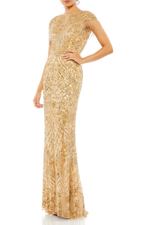 Embellished Fringe Cap Sleeve Trumpet Gown
