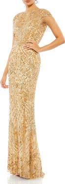 Mac Duggal Embellished Fringe Cap Sleeve Trumpet Gown