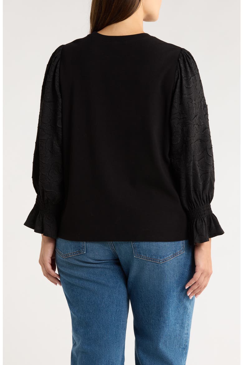 Mixed Media Smocked Sleeve Top(Plus), Alternate, color, BLACK