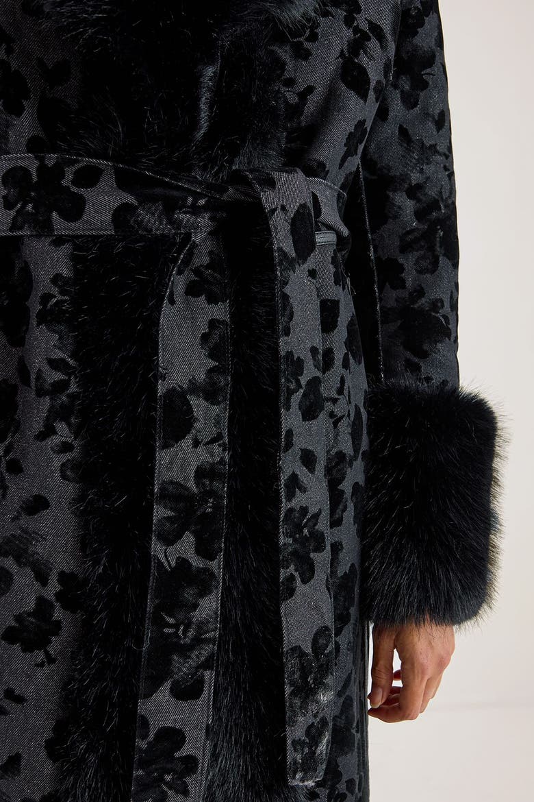 Faux Fur Floral Jacquard Coat, Alternate, color, Black