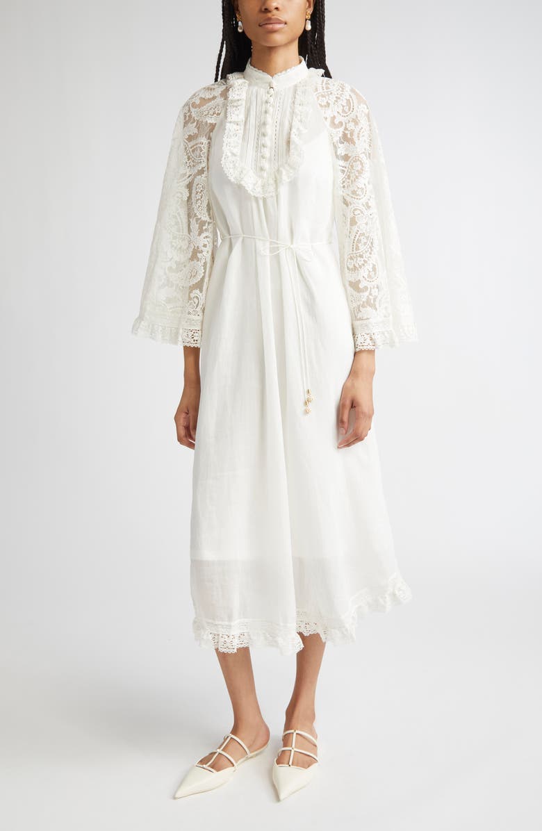 Zimmermann Ascension Lace Trim Tie Waist Midi Dress, Main, color, Cream