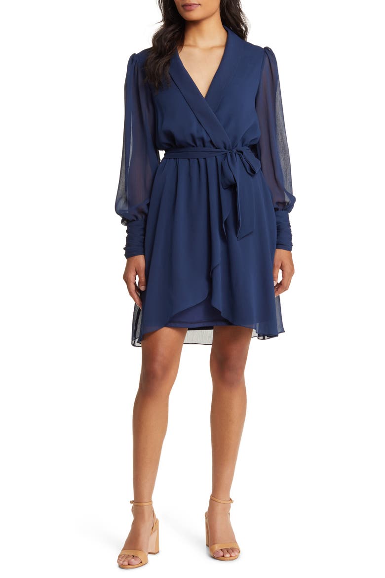 Long Sleeve Chiffon Faux Wrap Dress, Main, color, NAVY