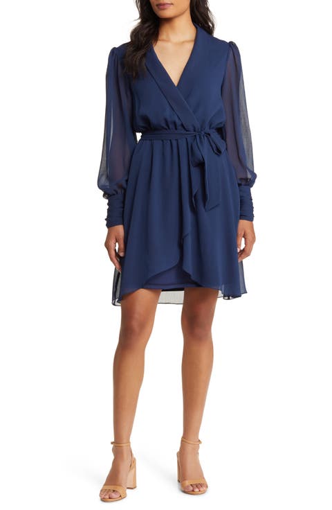 Long Sleeve Chiffon Faux Wrap Dress